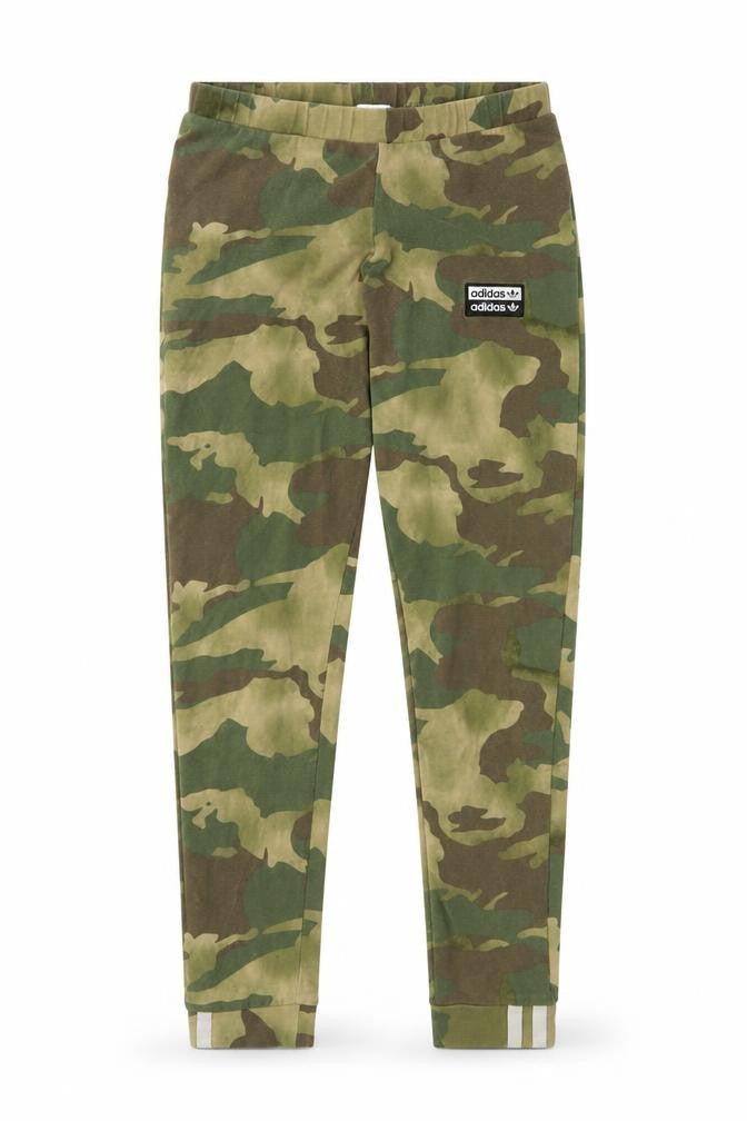 Front view of Adidas girls’ green camouflage ankle leggings, size 8