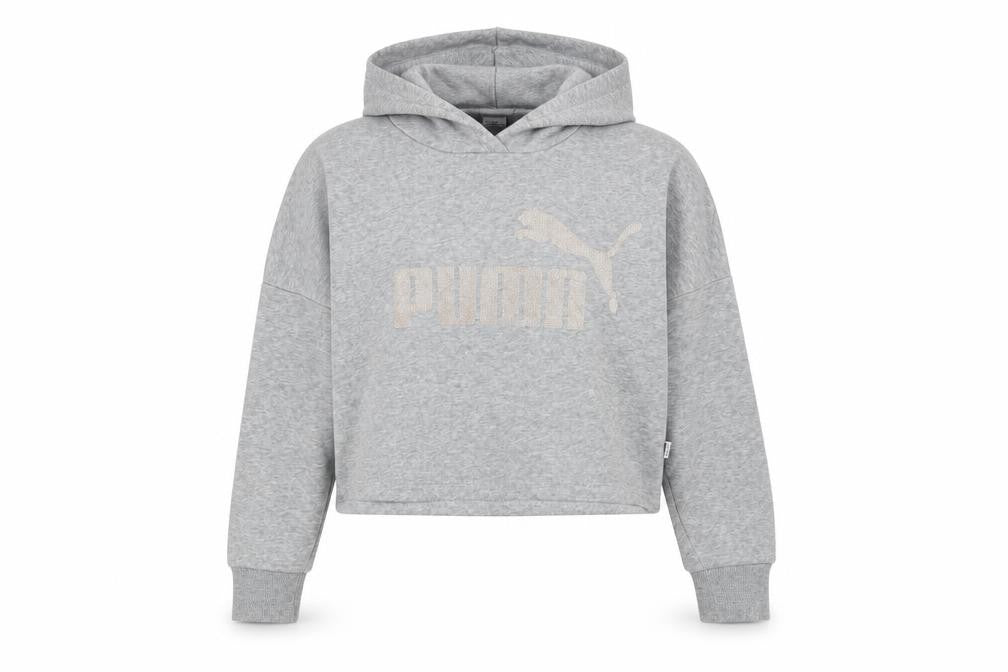 Front view of Puma girls’ grey hoodie, 10 years, pullover style, logo