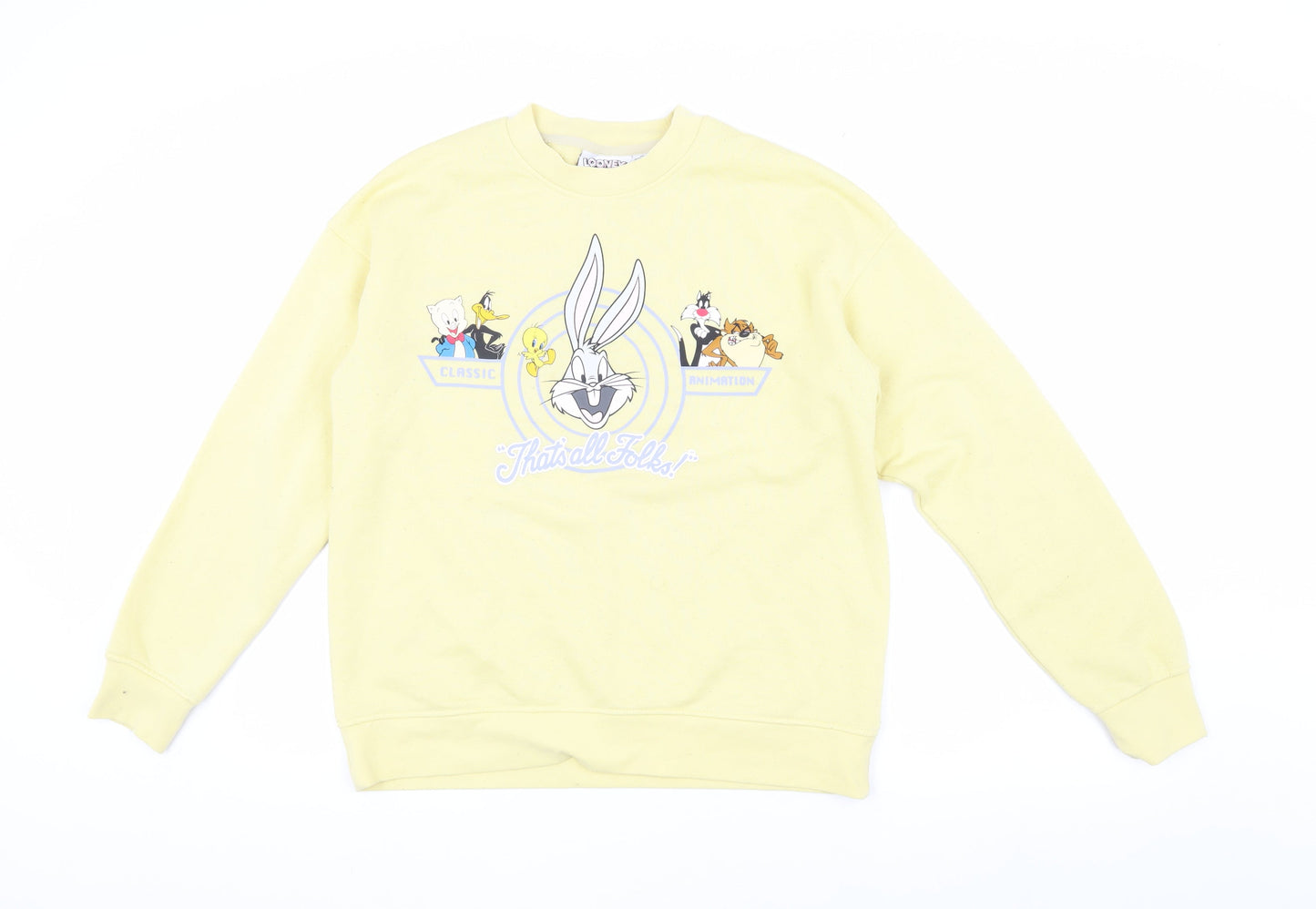 Unisex Adults UK XS Regular Looney Tunes Yellow Pullover Sweatshirt