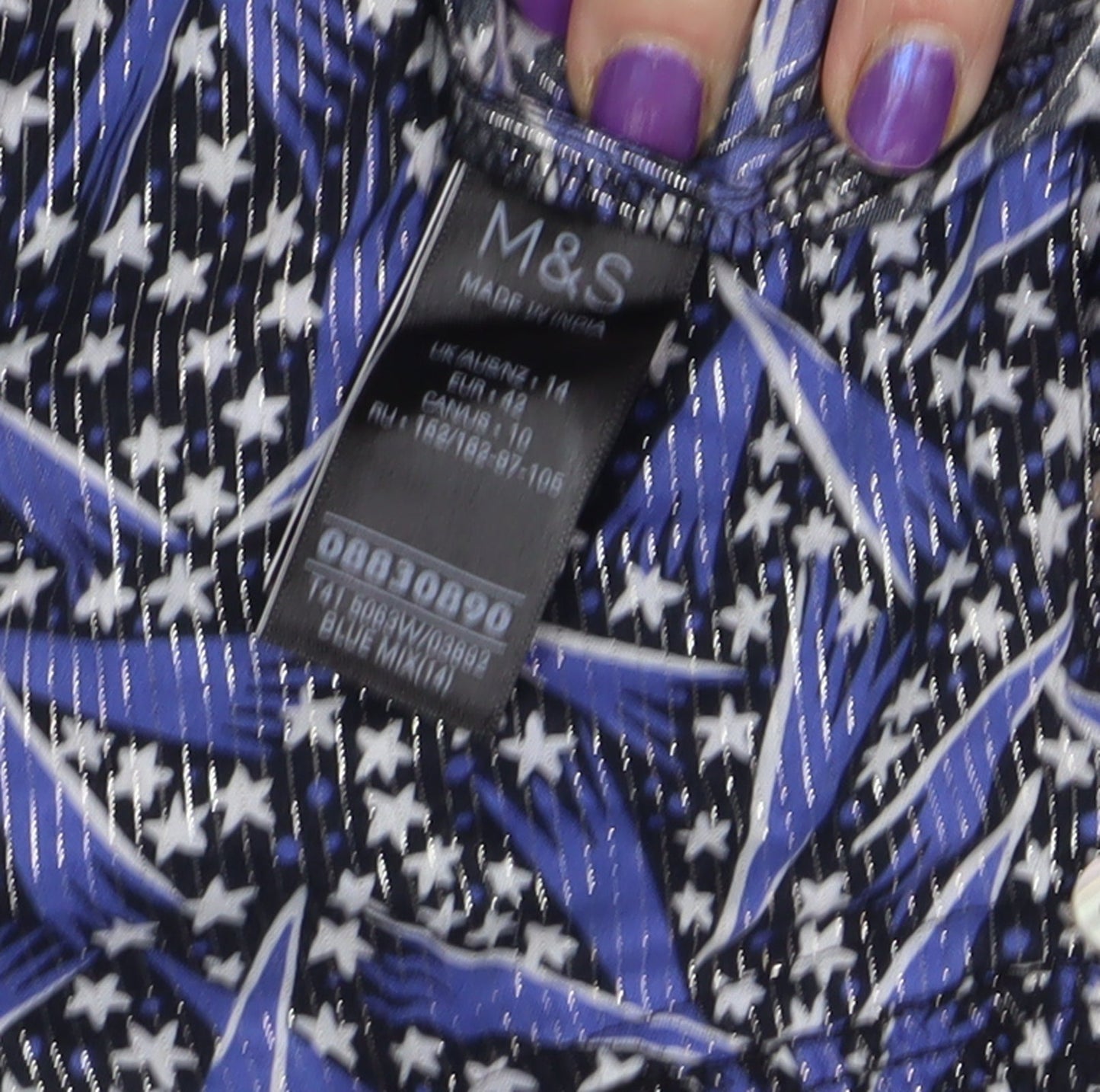 Marks and Spencer Women's Blue Geometric Blouse - Size 14