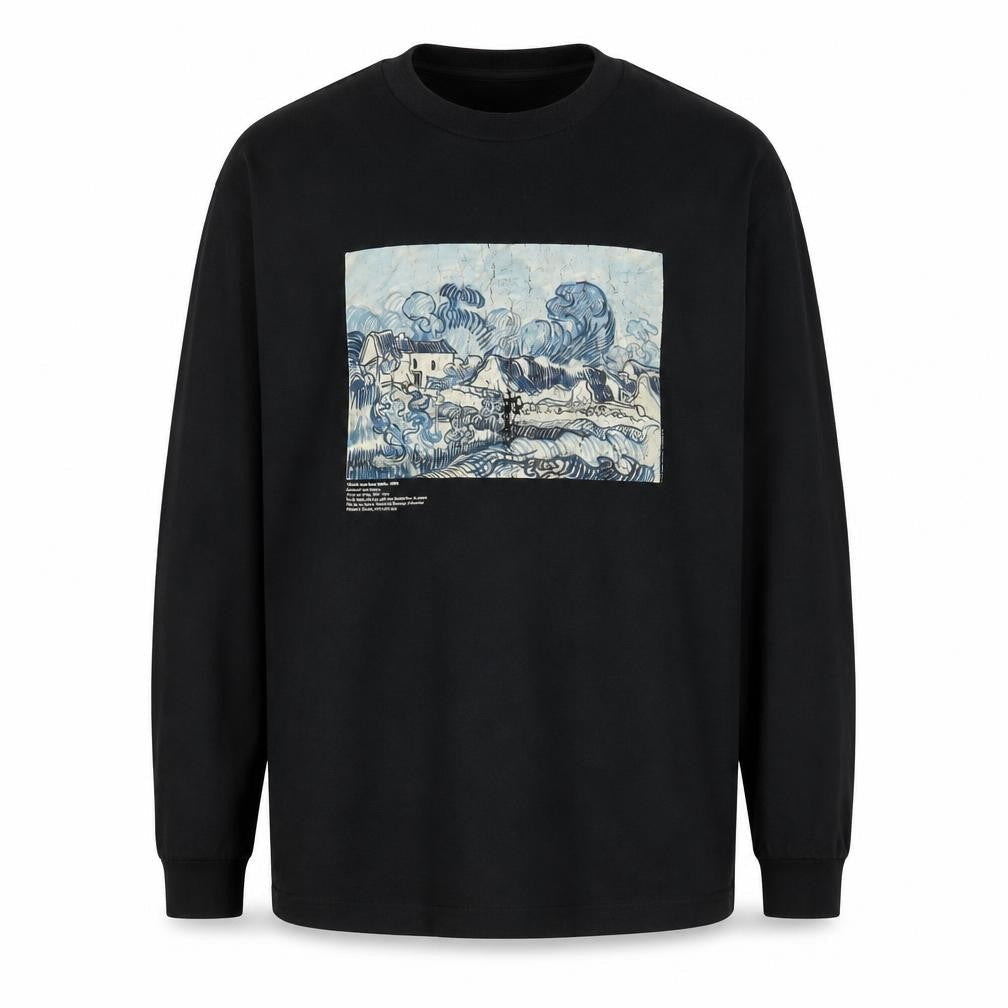 ASOS Womens DESIGN Black Van Gogh Art T-Shirt, M, Long Sleeve