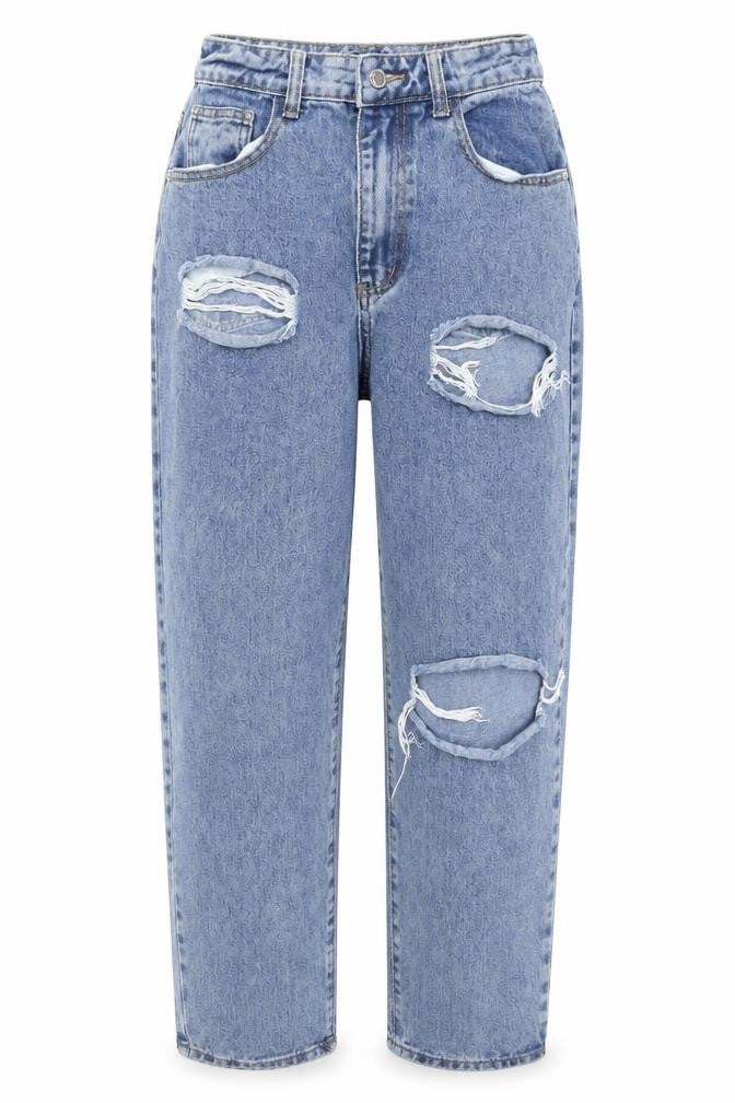 Front view of PRETTYLITTLETHING Petite Blue Boyfriend Jeans, size 8