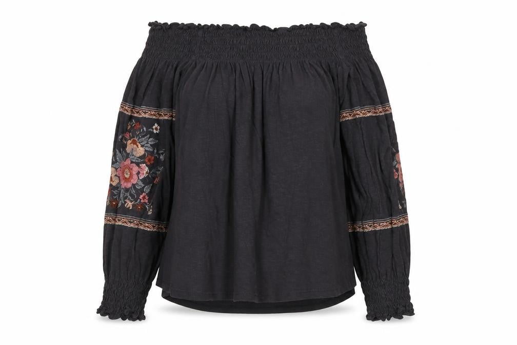 Front view of American Eagle girls’ black floral blouse s off shoulder