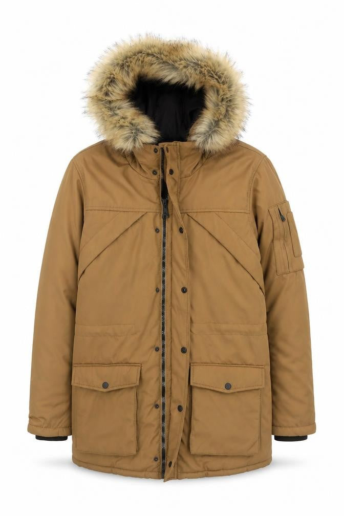 Bershka Men's Brown Parka Jacket S Hooded Winter