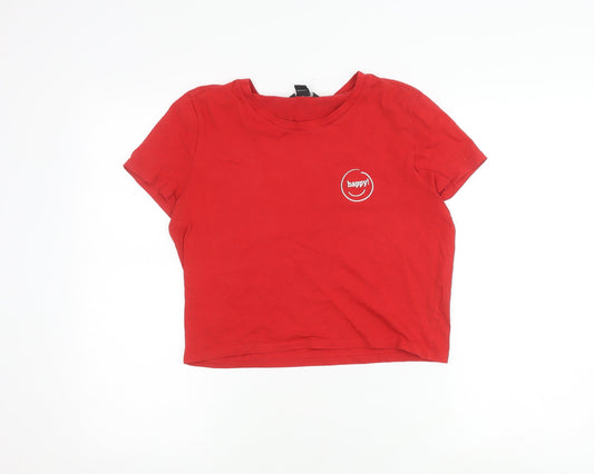 Monki Women's Red Cropped T-Shirt, Crew Neck, Size M