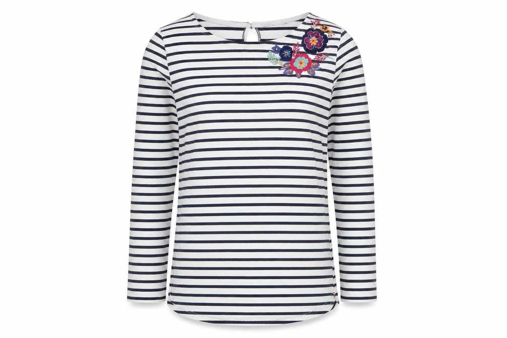 Front view of FatFace girls’ multicoloured striped t-shirt, 12-13 years, embroidered