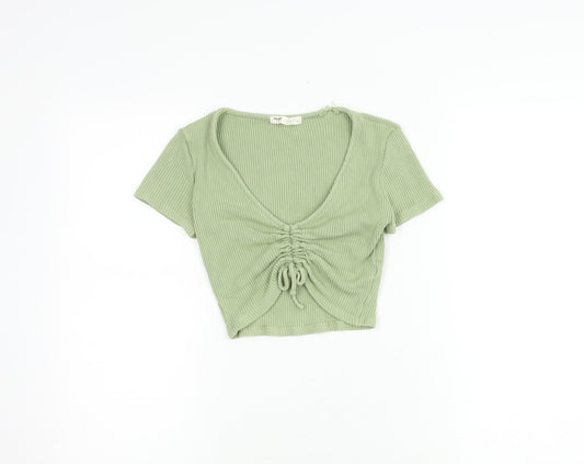Pull & Bear Women's Green Cropped Knit T-Shirt M