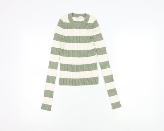 Pull & Bear Women's Green Striped Knit T-Shirt, S