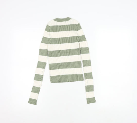 Pull & Bear Women's Green Striped Knit T-Shirt, S