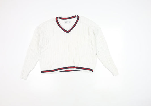Hollister Women's White V-Neck Cable Pullover XS