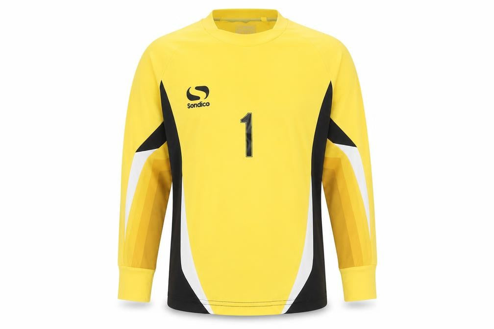 Front view of Sondico boys’ yellow football jersey, colourblock, 7-8 years