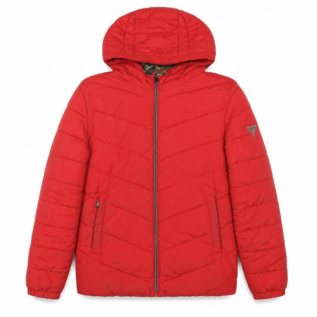 Guess Men's Red Puffer Jacket M Hooded Casual