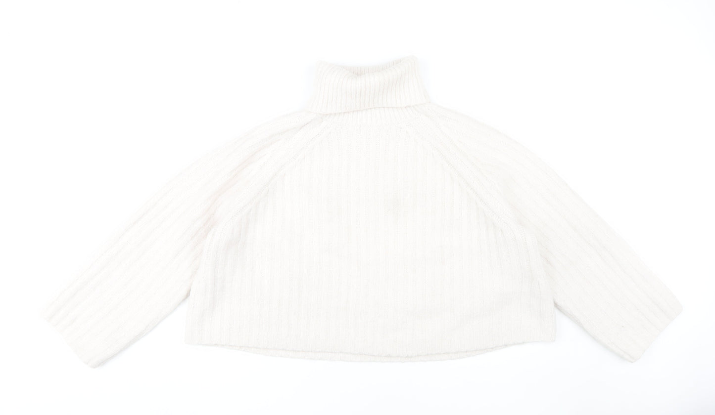 Zara Women White Roll Neck Cable-Knit Jumper M