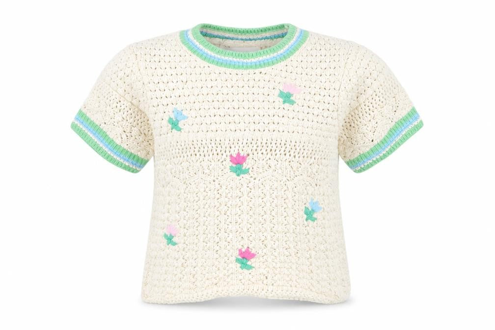 Zara Girls Ivory Crochet Jumper, Size 8-9, Short Sleeve Floral Design