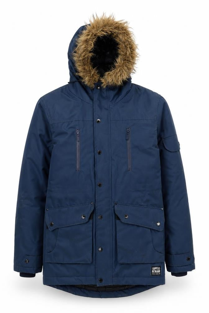 Supply & Demand Men's Blue Faux Fur Trim Parka XS