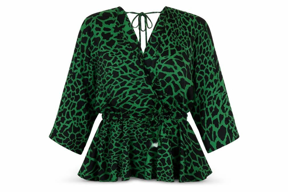 Front view of Asos Women Green Wrap Top V-Neck Animal Print, size 8