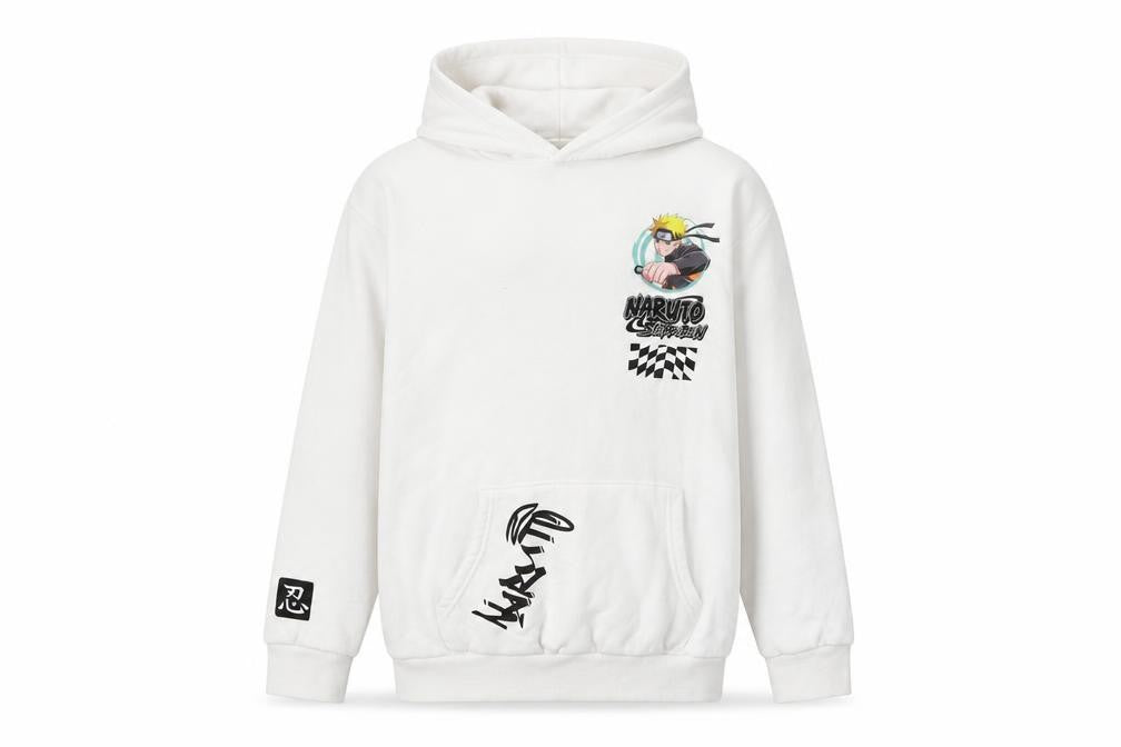 Front view of Naruto boys’ white pullover hoodie 12-13 years anime graphic