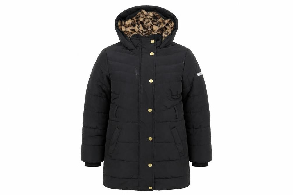 Front view of Jasper Conran girls’ black puffer jacket 9-10 hooded long