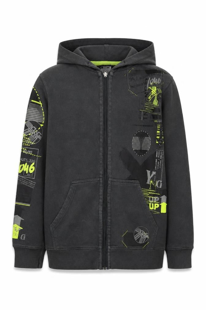 Front view of H&M boys’ black graphic full zip hoodie 12-14 years