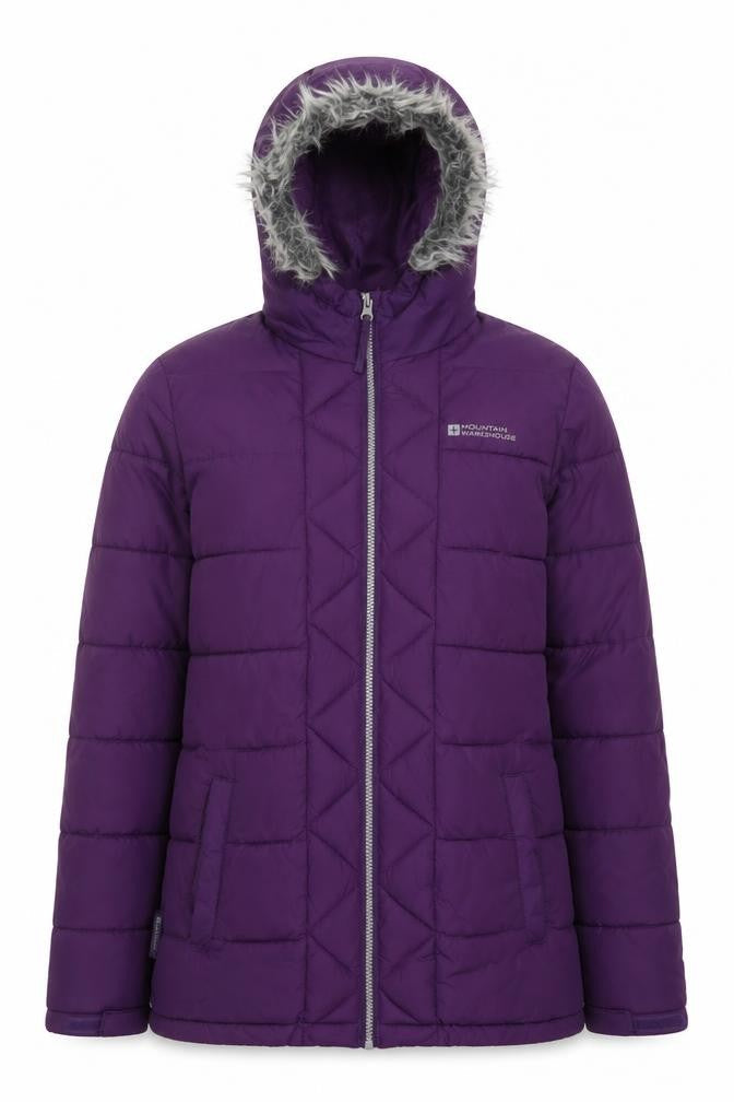 Front view of Mountain Warehouse girls’ purple puffer jacket 11-12y hooded