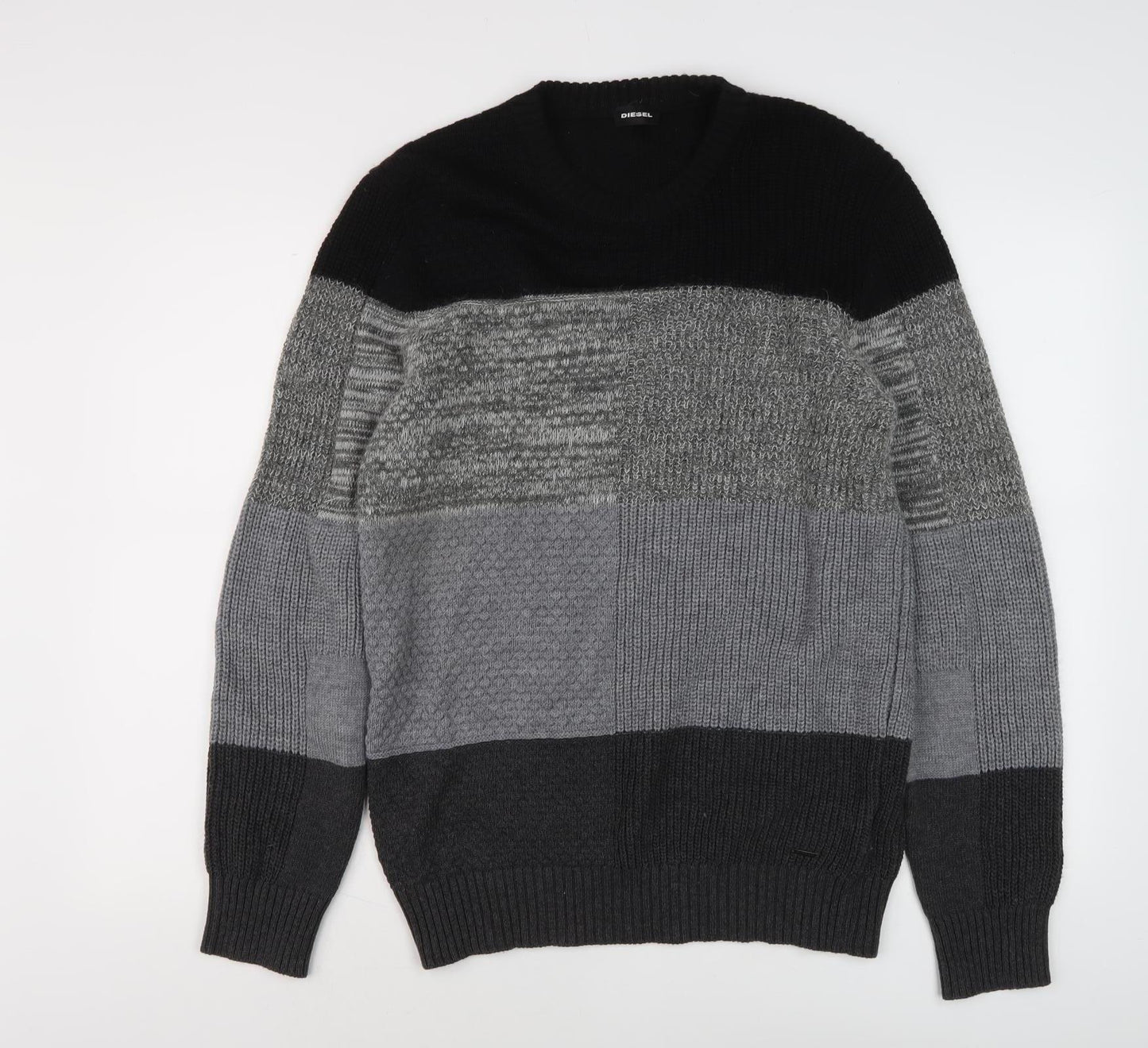 Diesel Men's Black Grey Pullover Jumper, Size S, Striped