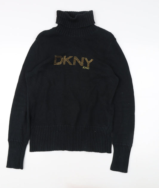 DKNY Women's Black Roll Neck Jumper - Size L, Logo Accent