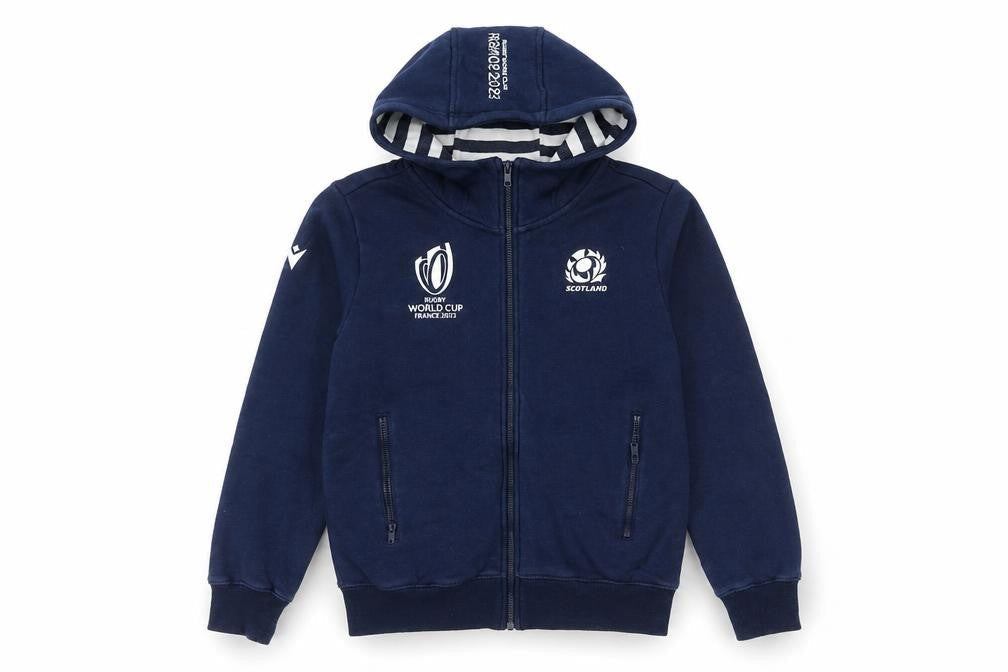 Front view of boys’ blue rugby world cup jacket m - hooded full zip