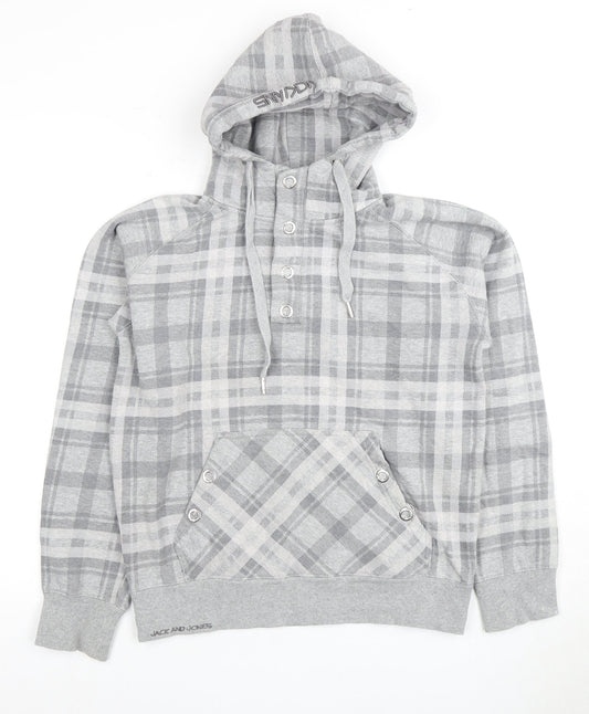 Jack and Jones Men's Grey Plaid Henley Hoodie S