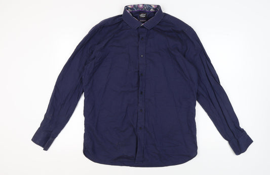 Feraud Vintage Men's Blue Button-Up Shirt, Size 17.5