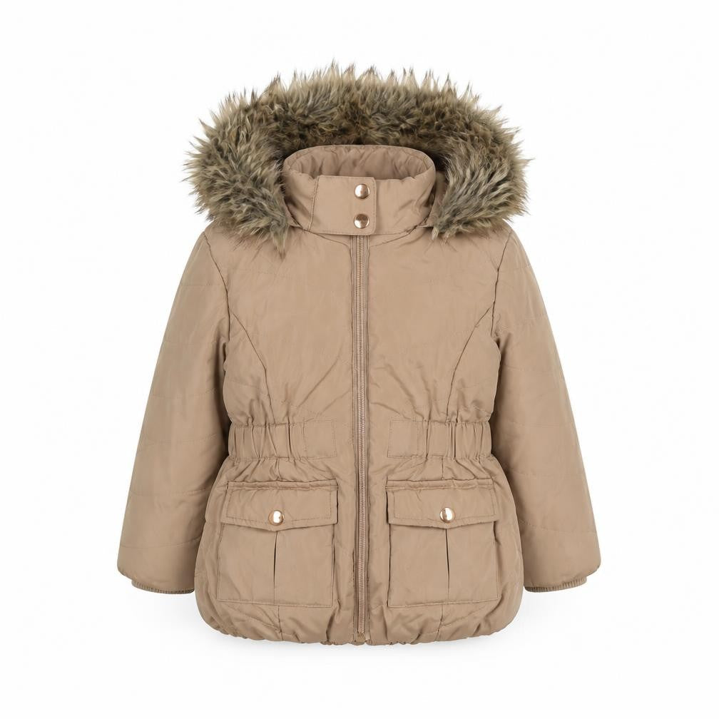 Front view of John Lewis girls’ beige hooded puffer jacket -, size 5