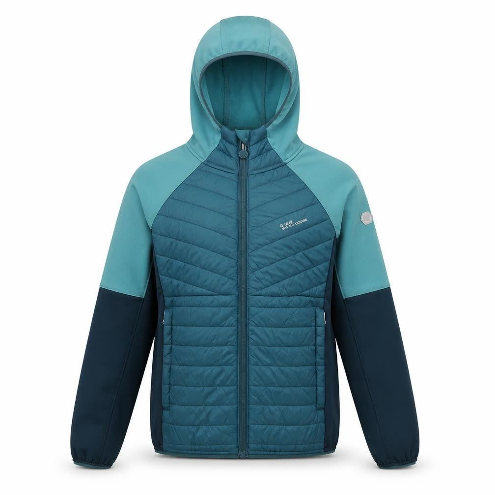 Front view of Regatta girls’ blue puffer jacket 10y hooded casual outerwear