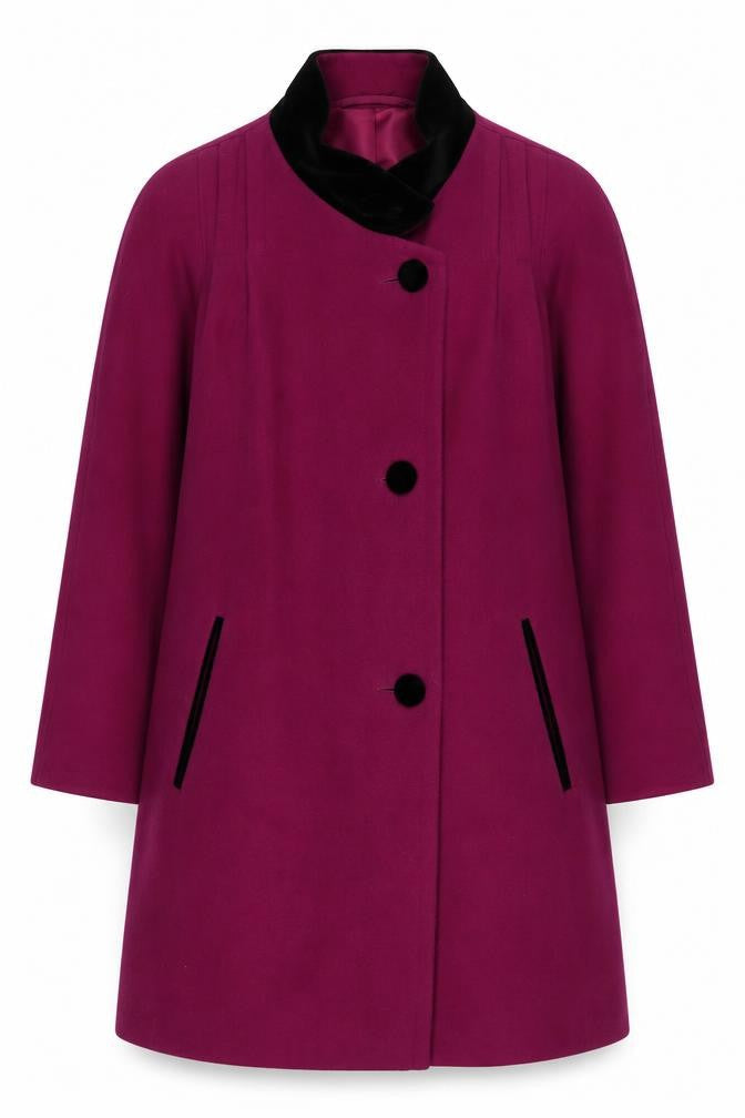 Front view of C&A Women's Purple Wool Coat, size 12, Button Closure