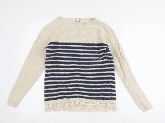 FatFace Women's Ivory Crochet Striped Pullover Jumper, Size 8