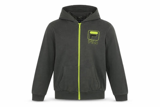 Front view of Fila Men's Grey Full Zip Hoodie, size S, Logo Accents