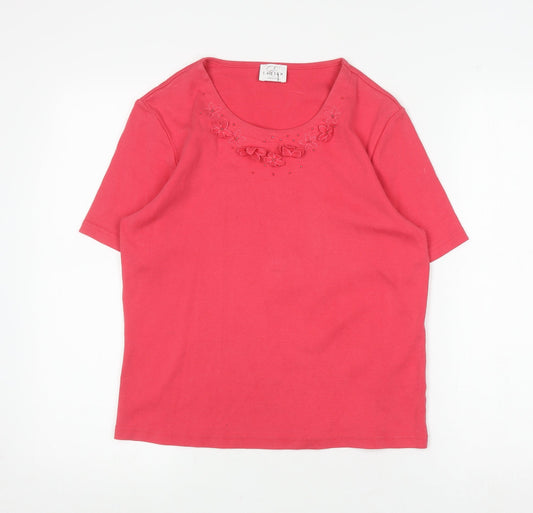 Eastex Women's Red Embroidered Cotton T-Shirt, Size 10