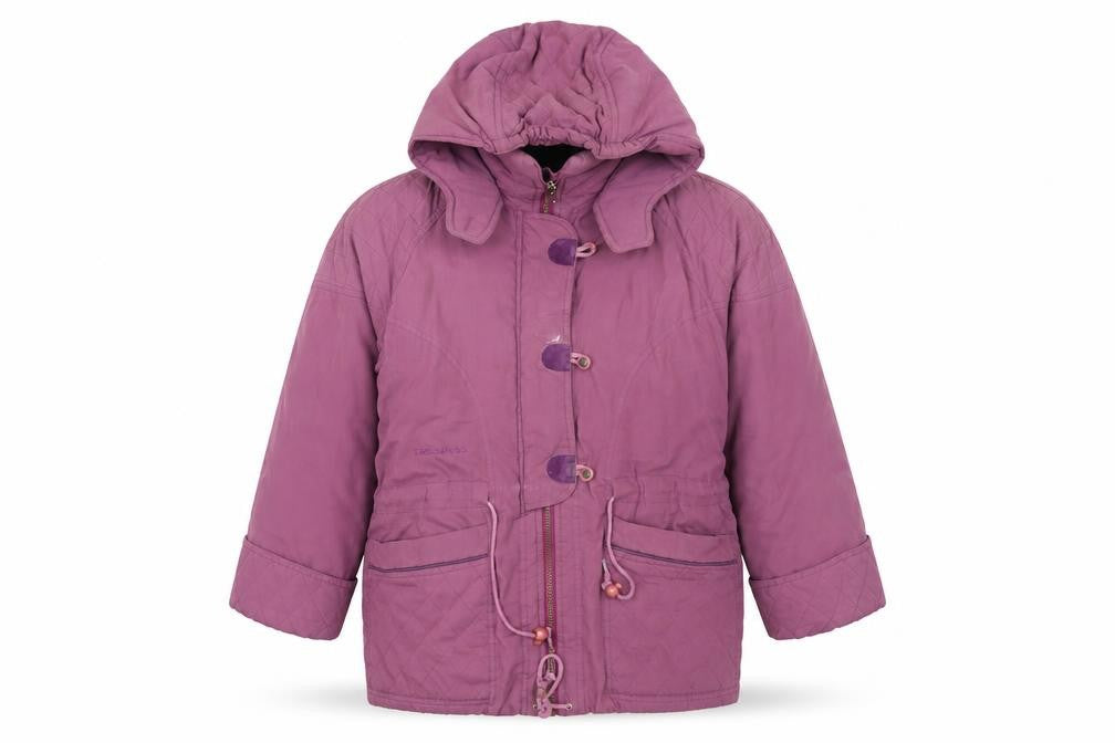 Front view of Trespass girls’ purple parka coat, hooded, 12 years