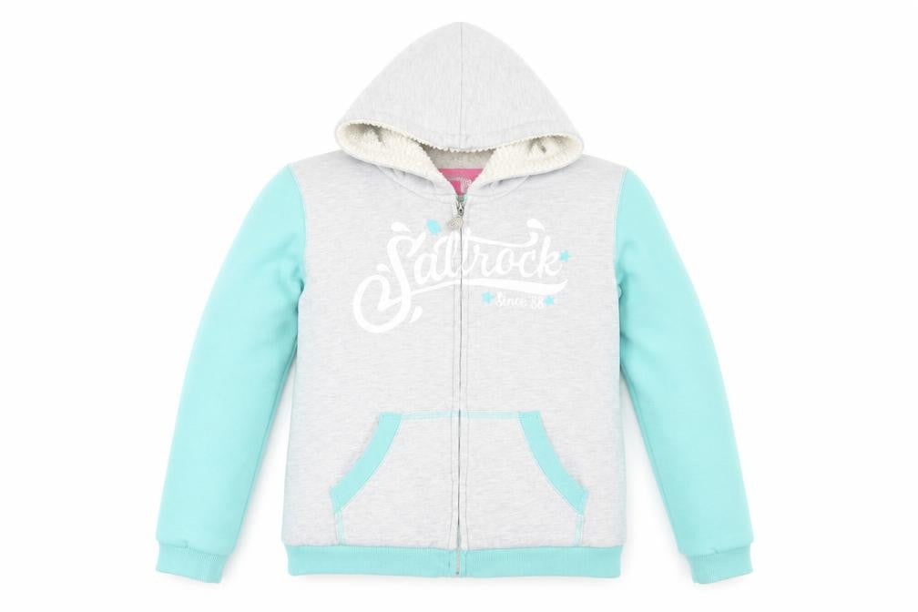 Front view of Saltrock girls’ grey blue hooded jacket, 11-12 years