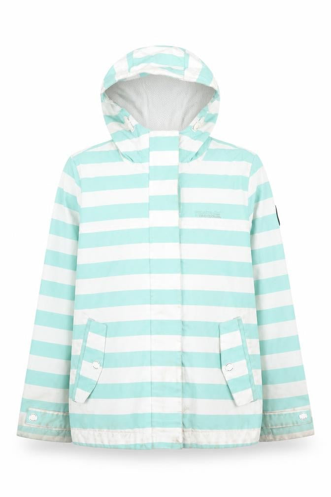 Front view of Regatta girls’ blue striped rain coat, 8 years