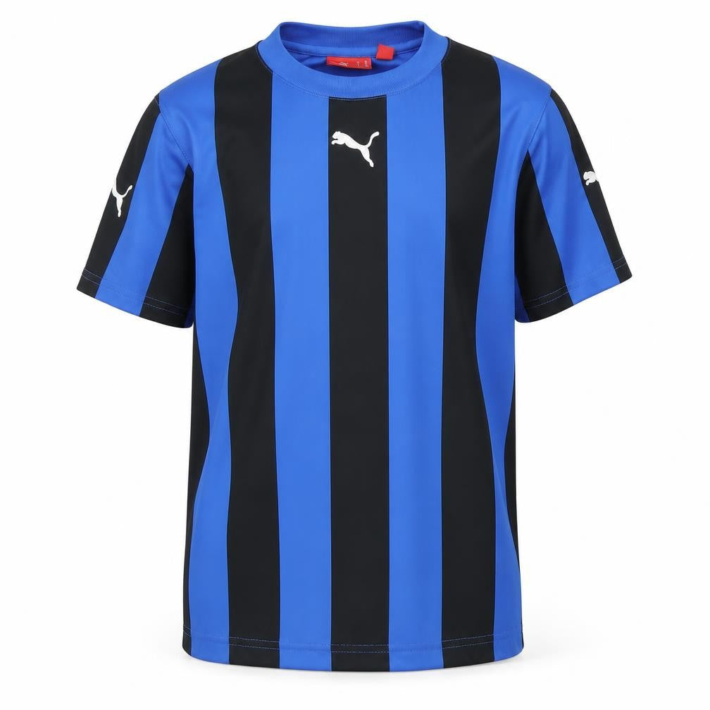 Front view of Puma boys’ blue black striped sports t-shirt, size 10-11, yrs