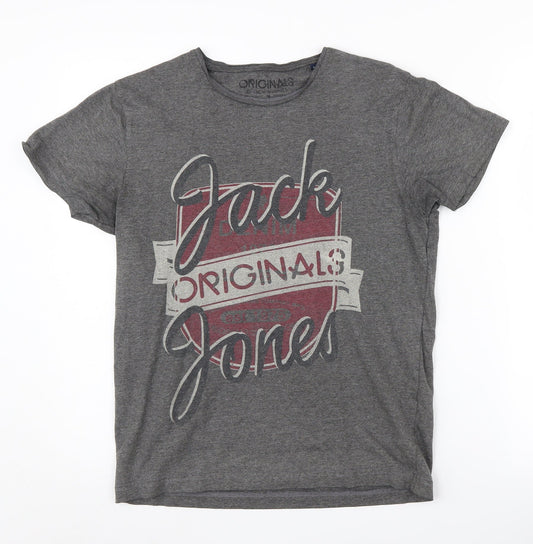 Jack & Jones Men's Grey Graphic T-Shirt, S, Short Sleeve
