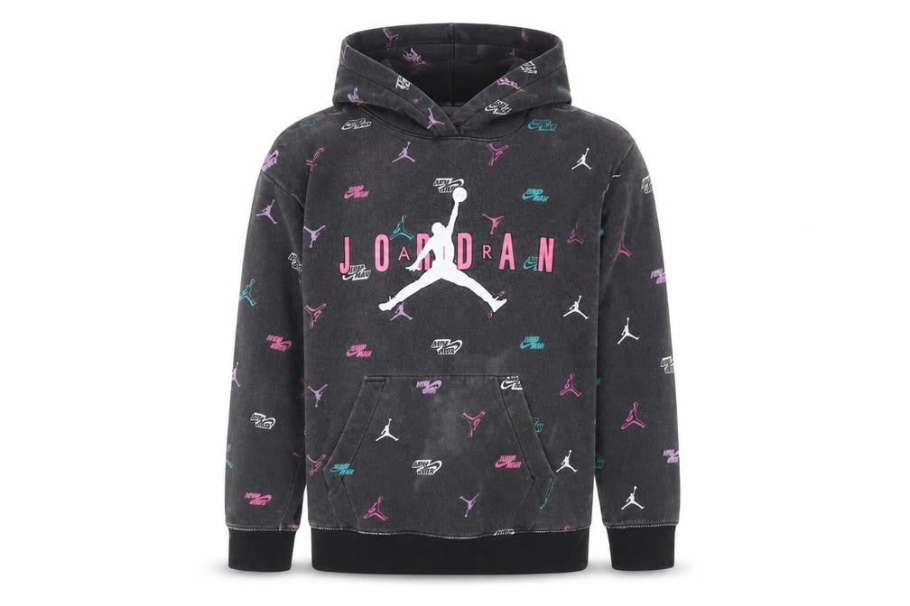 Front view of Jordan girls’' black graphic hoodie 12-13 years