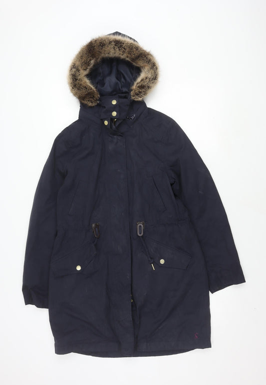 Joules Women's Blue Parka Coat, Size 10, with Fur Trim