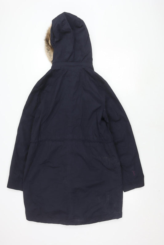 Joules Women's Blue Parka Coat, Size 10, with Fur Trim