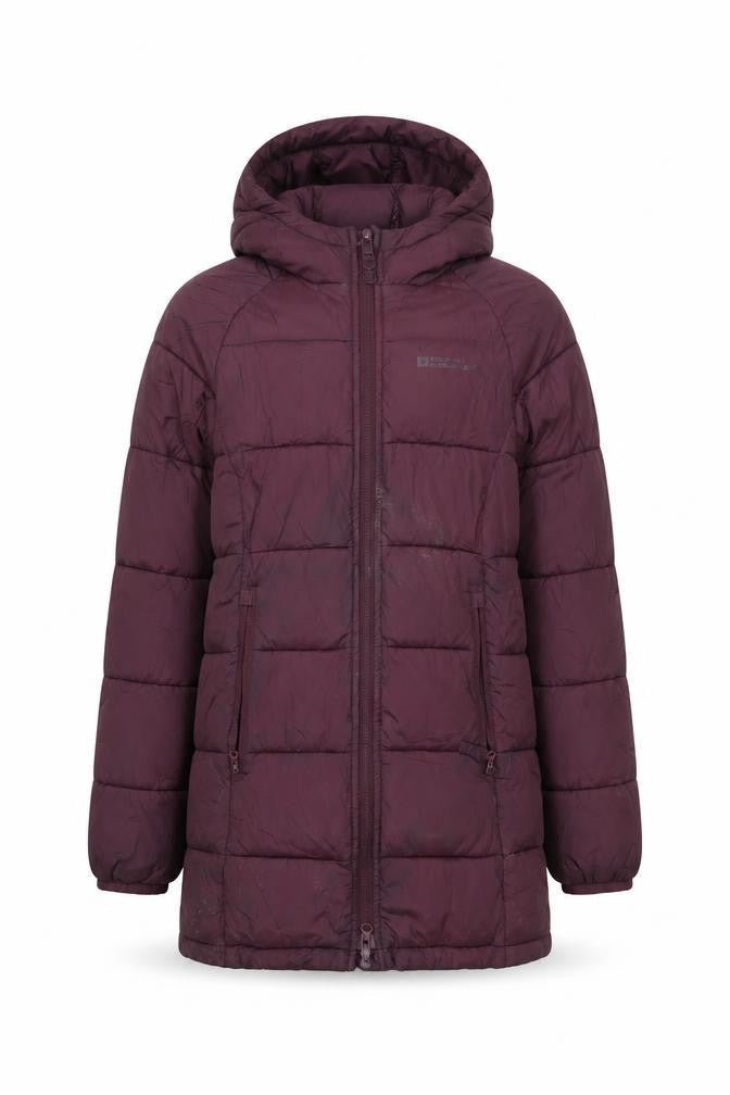 Front view of Mountain Warehouse girls’ purple puffer jacket 9-10 years