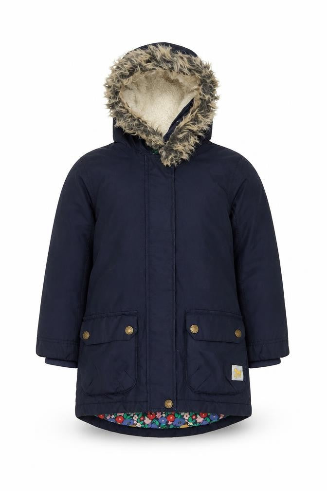 Front view of girls’ blue parka coat with faux fur hood, size 7-8, years