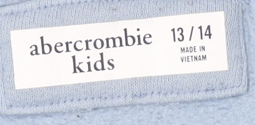 Brand and care label for Abercrombie & Fitch Kids boys’ blue & white sweatshirt, size 13-14