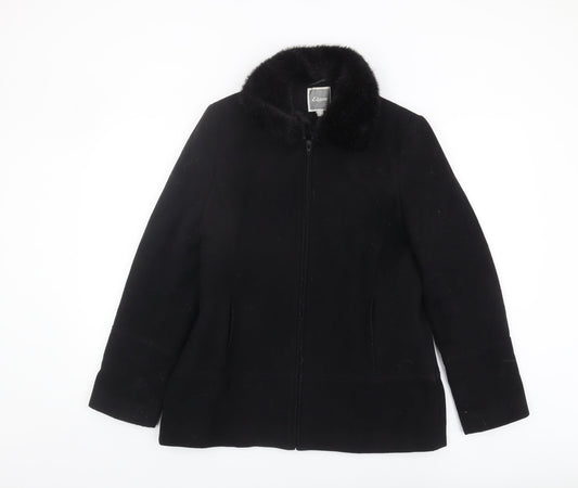 Etam Women's Black Wool Coat, Size 12, Fur Collar