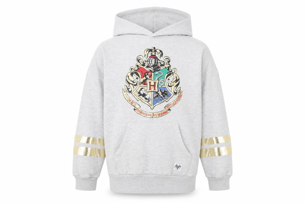 Front view of H&M boys’ grey hoodie 9-10 years pullover with logo design