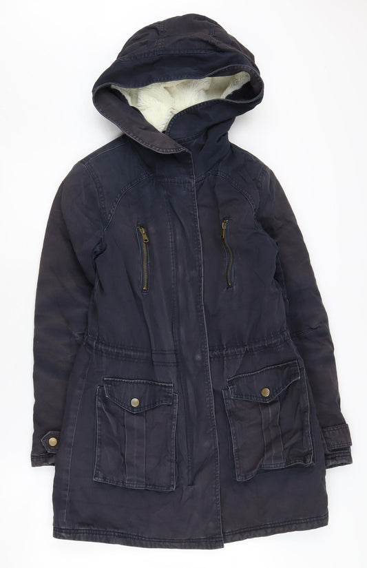 New Look Women's Black Parka Coat Size 8 Hooded Lined