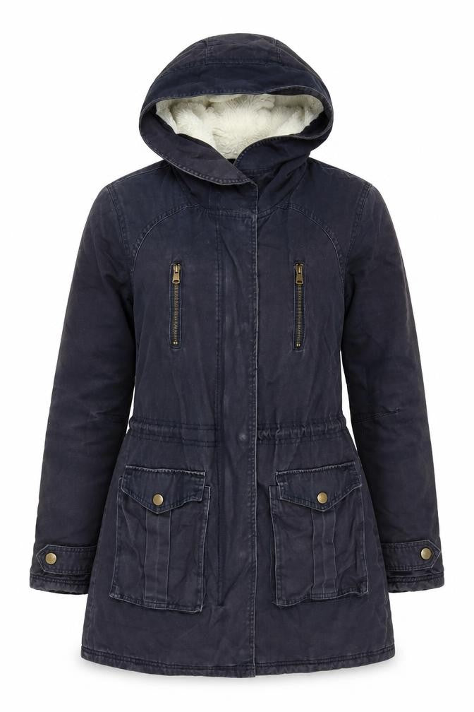 New Look Women's Black Parka Coat Size 8 Hooded Lined